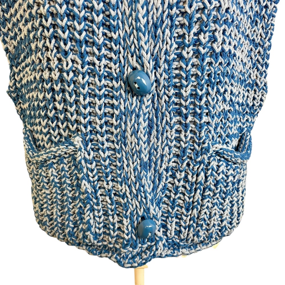 ZARA Blue White Chunky Knit Sweater Vest Cardigan Button Front Pockets Sz‎ L - Picture 2 of 12